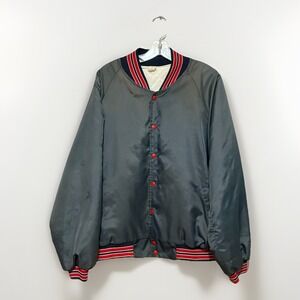 VTG Satin Bomber Jacket Gray Red White Quilted Lining Varsity Made USA XXL 50-52